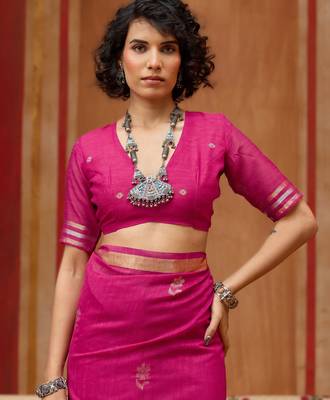 pink pure munga art silk blend weaving saree with organza weaving pallu 4