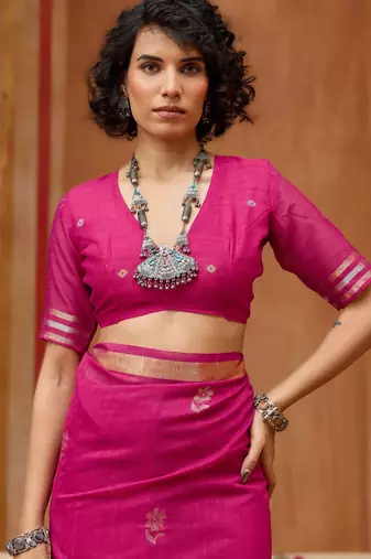 pink pure munga art silk blend weaving saree with organza weaving pallu