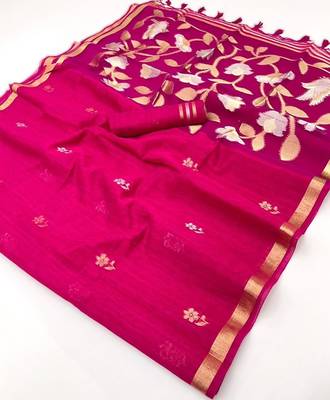 pink pure munga art silk blend weaving saree with organza weaving pallu 5