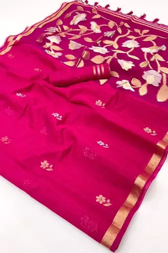 pink pure munga art silk blend weaving saree with organza weaving pallu