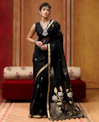 black elegant pure satin weaving saree with matching satin blouse  soft shiny 1