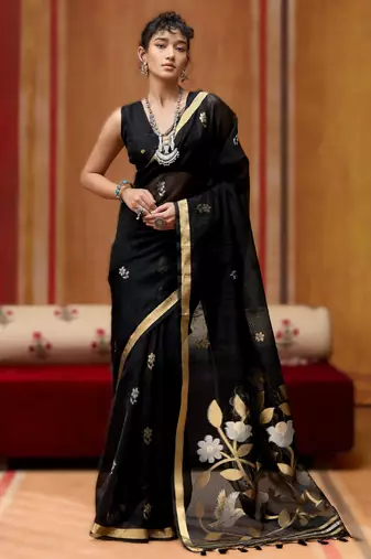 black pure munga art silk handloom weaving saree with organza weaving pallu