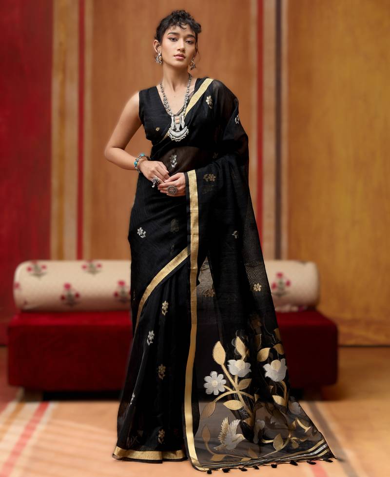 black pure munga art silk handloom weaving saree with organza weaving pallu