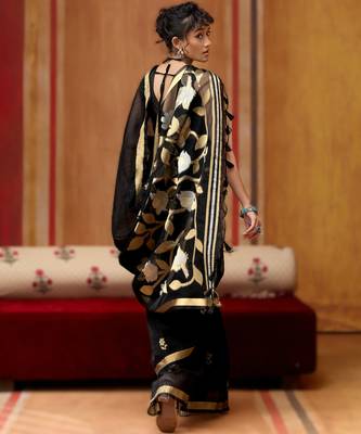 black elegant pure satin weaving saree with matching satin blouse  soft shiny 2