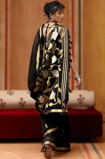 black elegant pure satin weaving saree with matching satin blouse  soft shiny