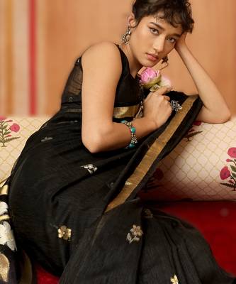 black elegant pure satin weaving saree with matching satin blouse  soft shiny 3