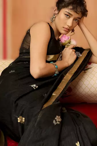 black elegant pure satin weaving saree with matching satin blouse  soft shiny