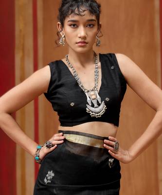 black elegant pure satin weaving saree with matching satin blouse  soft shiny 4