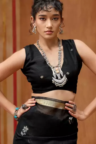 black elegant pure satin weaving saree with matching satin blouse  soft shiny