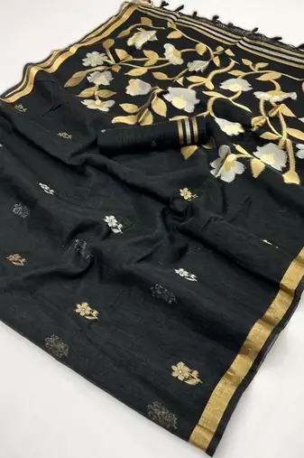 black elegant pure satin weaving saree with matching satin blouse  soft shiny