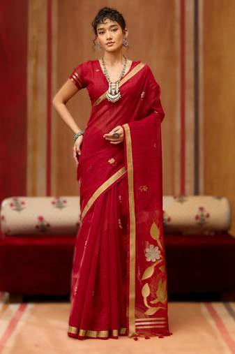 red pure munga art silk handloom weaving saree with organza weaving pallu