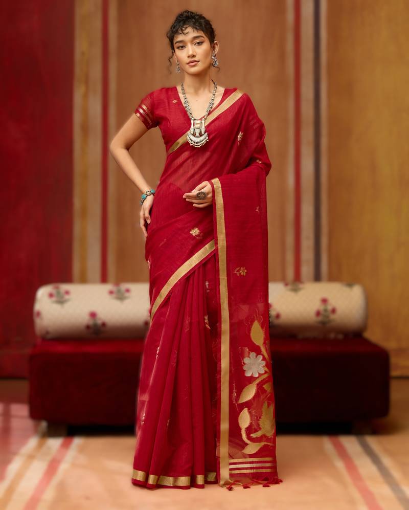 red pure munga art silk handloom weaving saree with organza weaving pallu