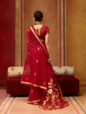 red pure munga art silk blend weaving saree with organza weaving pallu 2