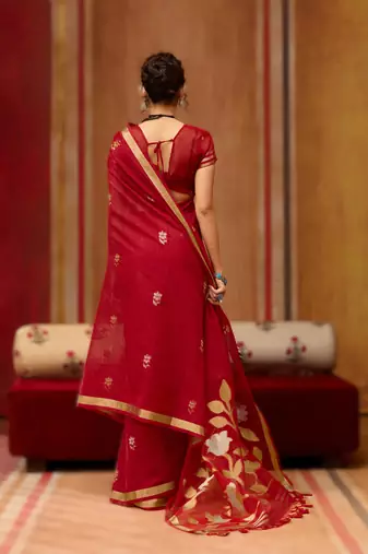 red pure munga art silk blend weaving saree with organza weaving pallu