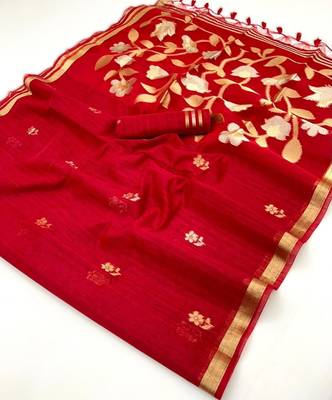 red pure munga art silk blend weaving saree with organza weaving pallu 5
