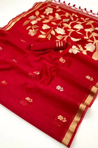 red pure munga art silk blend weaving saree with organza weaving pallu