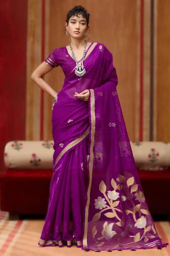 purple pure munga art silk handloom weaving saree with organza weaving pallu