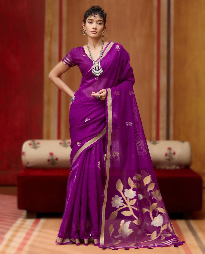 purple pure munga art silk handloom weaving saree with organza weaving pallu