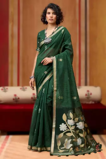 green pure munga art silk handloom weaving saree with organza weaving pallu