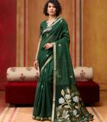 green pure munga art silk handloom weaving saree with organza weaving pallu