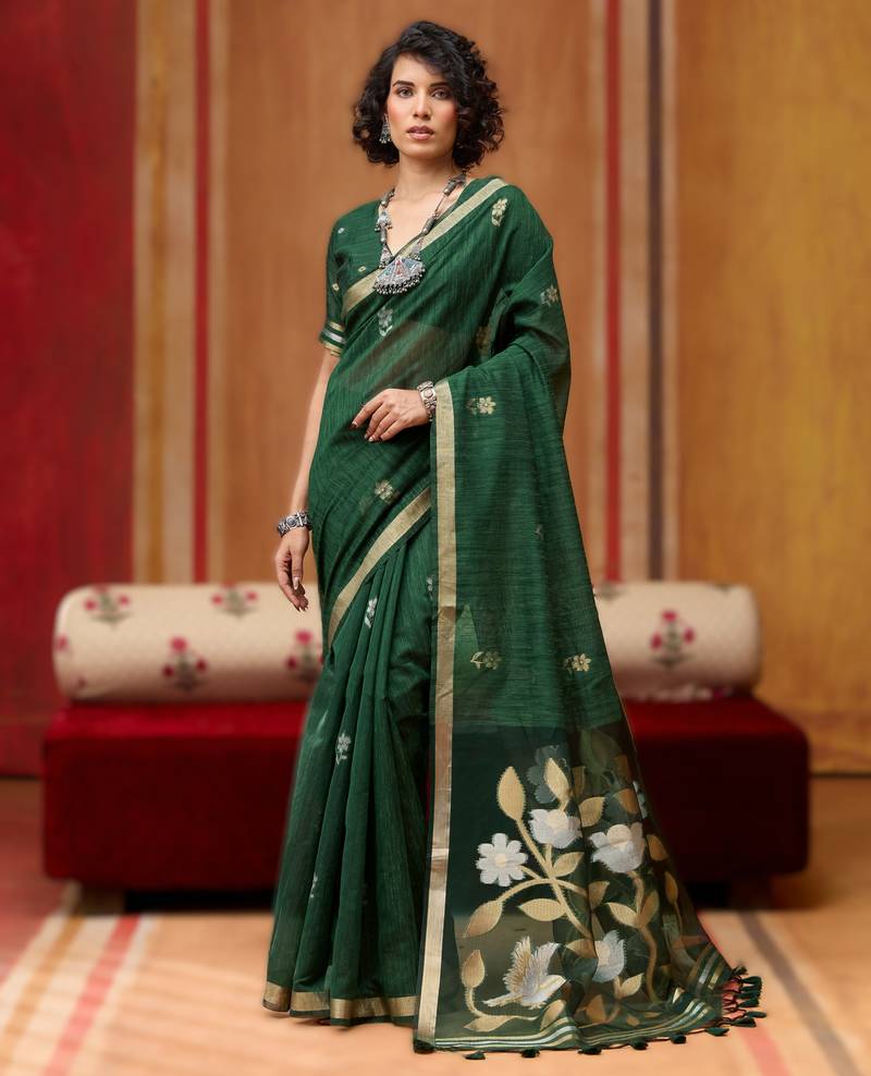 green pure munga art silk handloom weaving saree with organza weaving pallu