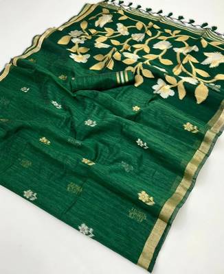 green pure munga art silk blend weaving saree with organza weaving pallu 5