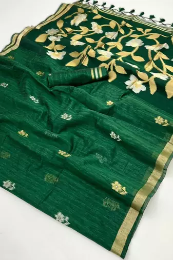green pure munga art silk blend weaving saree with organza weaving pallu