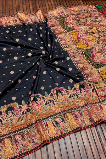 Black Color Kashmiri Thread Woven Work Pashmina Silk  Saree