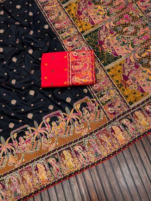 Black Color Kashmiri Thread Woven Work Pashmina Silk  Saree 3