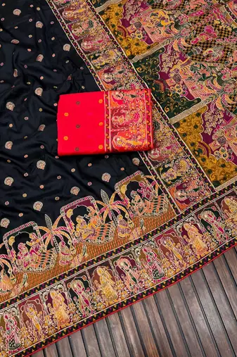 Black Color Kashmiri Thread Woven Work Pashmina Silk  Saree