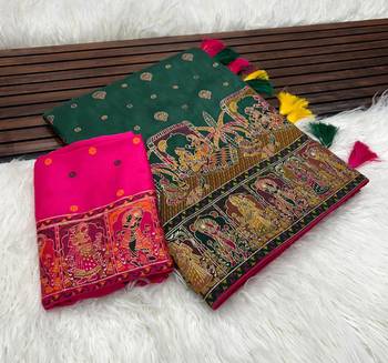 Dark Green Color Kashmiri Thread Woven Work Pashmina Silk Blend  Saree 1