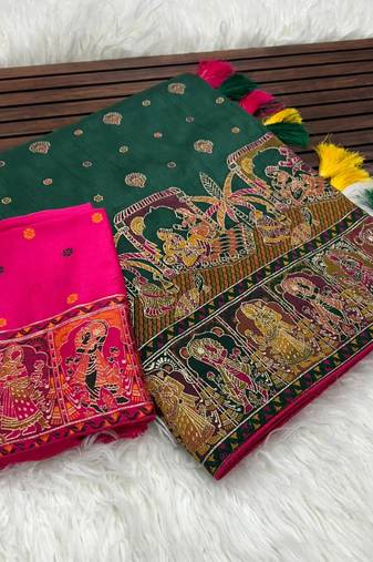 Dark Green Color Kashmiri Thread Woven Work Pashmina Silk Blend  Saree