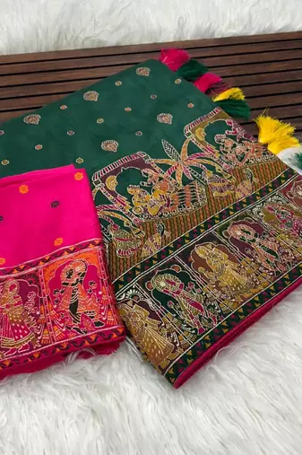 Dark Green Color Kashmiri Thread Woven Work Pashmina Silk Blend  Saree