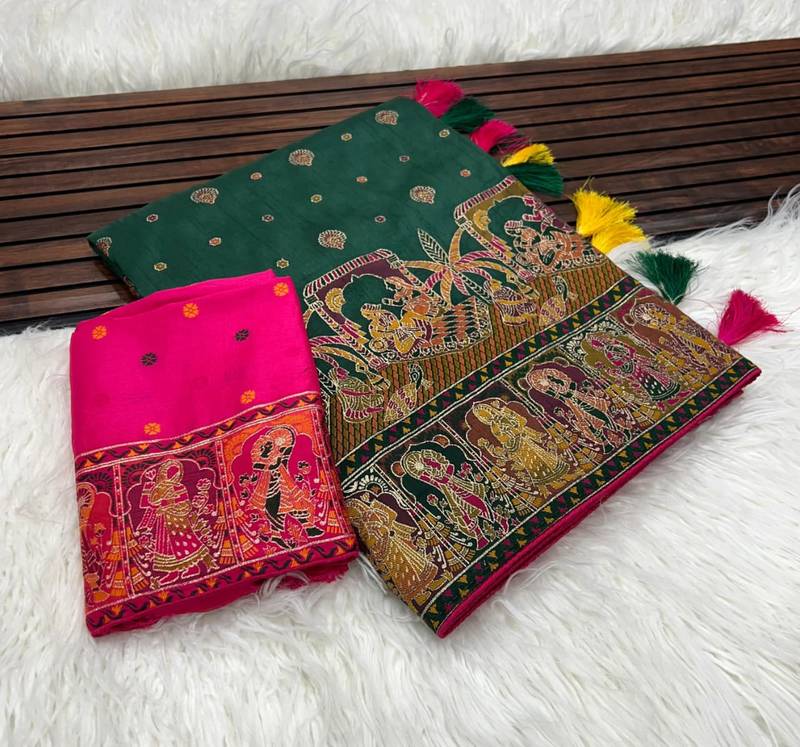 Dark Green Color Kashmiri Thread Woven Work Pashmina Silk Blend  Saree