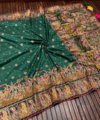 Dark Green Color Kashmiri Thread Woven Work Pashmina Silk Blend  Saree 2