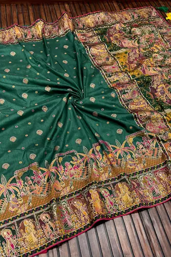 Dark Green Color Kashmiri Thread Woven Work Pashmina Silk Blend  Saree