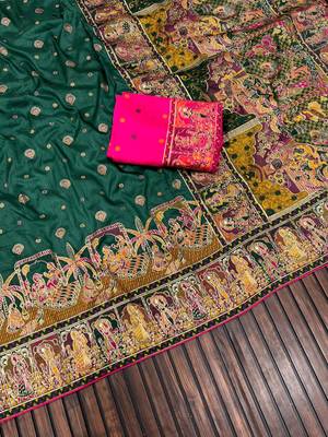 Dark Green Color Kashmiri Thread Woven Work Pashmina Silk Blend  Saree 3