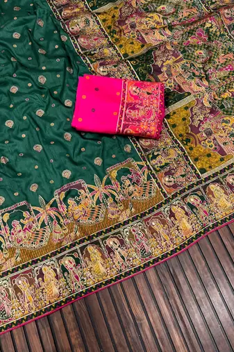 Dark Green Color Kashmiri Thread Woven Work Pashmina Silk Blend  Saree