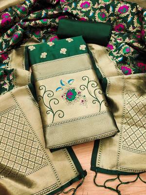 Bottle green soft silk blend silk pure zari woven dress material 1
