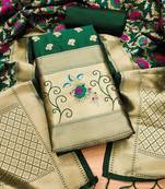 Bottle green soft banarasi silk pure zari woven design dress material