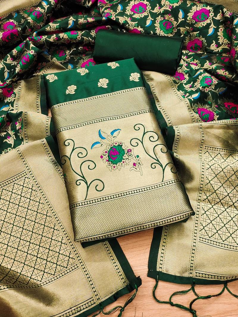 Bottle green soft banarasi silk pure zari woven design dress material