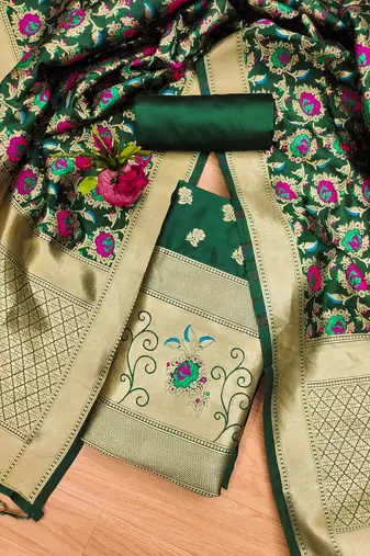 Bottle green soft silk blend silk pure zari woven dress material