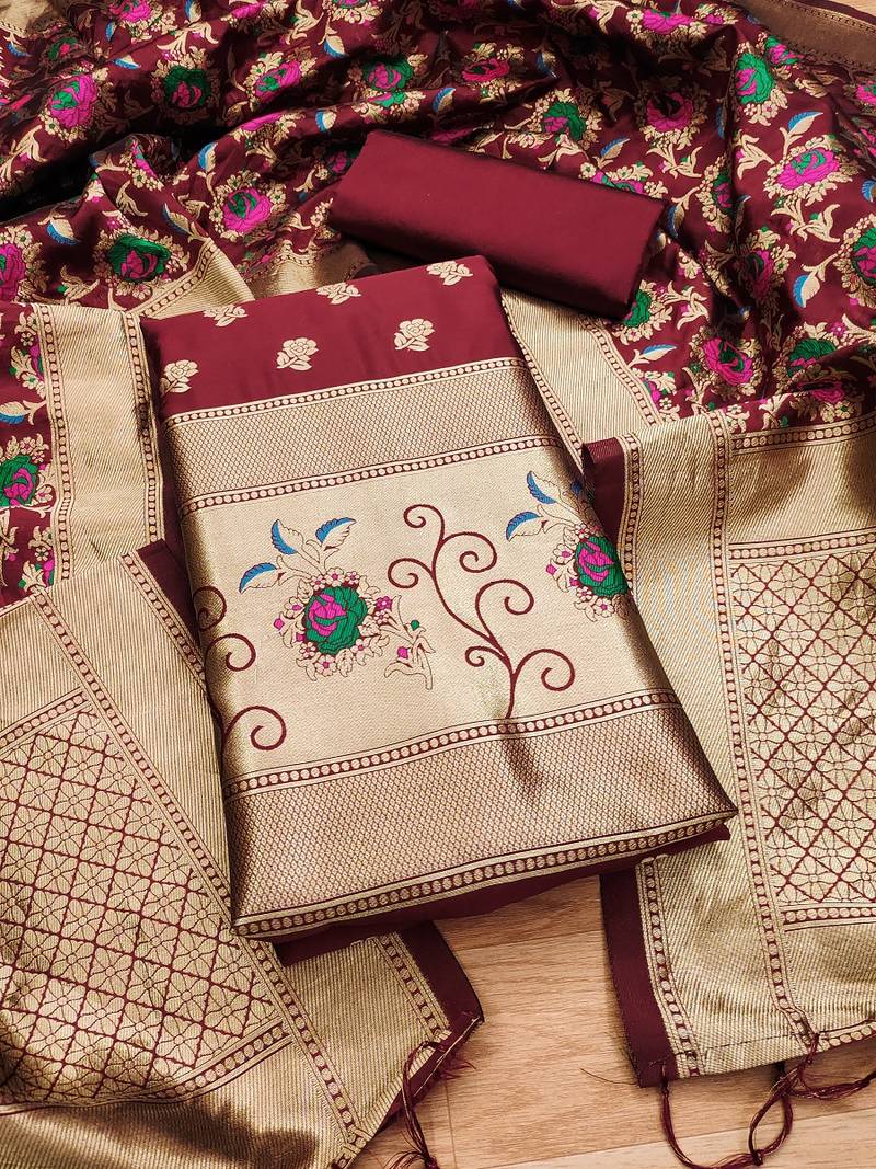 Maroon soft banarasi silk pure zari woven design dress material