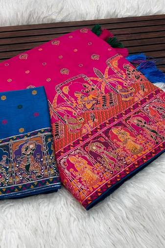 Rani Pink Color Kashmiri Thread Woven Work Pashmina Silk Blend  Saree