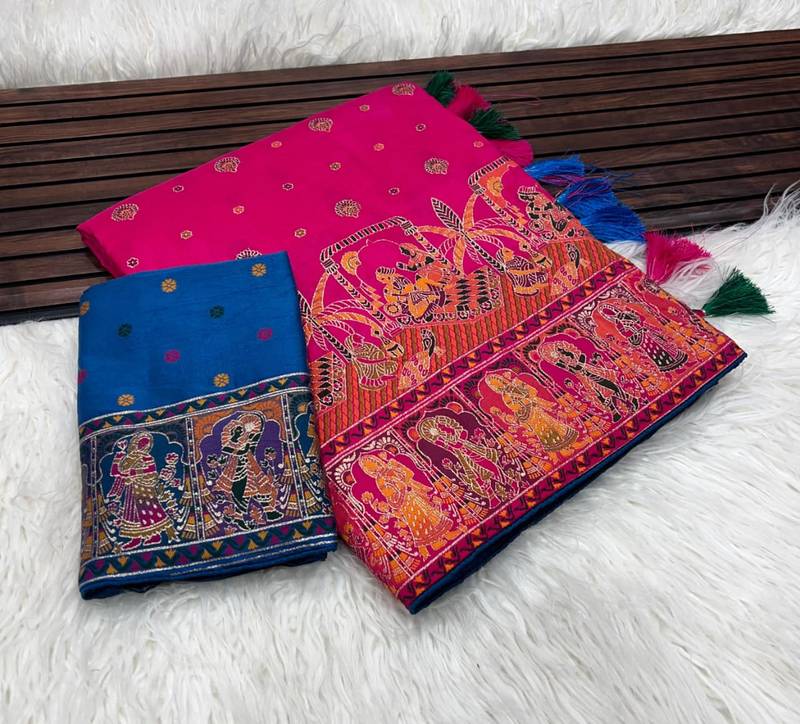 Rani Pink Color Kashmiri Thread Woven Work Pashmina Silk Blend  Saree