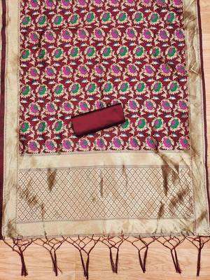 Maroon soft banarasi silk pure zari woven design dress material 2