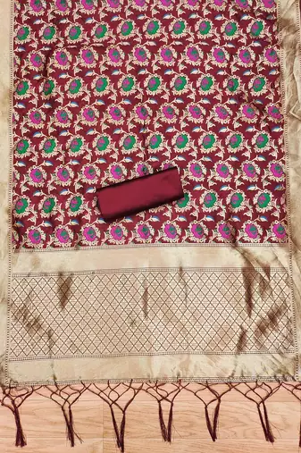Maroon soft banarasi silk pure zari woven design dress material