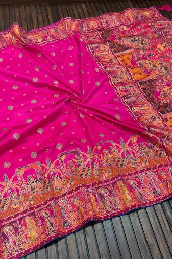 Rani Pink Color Kashmiri Thread Woven Work Pashmina Silk Blend  Saree