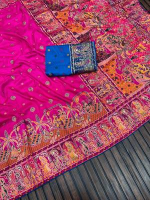 Rani Pink Color Kashmiri Thread Woven Work Pashmina Silk Blend  Saree 3