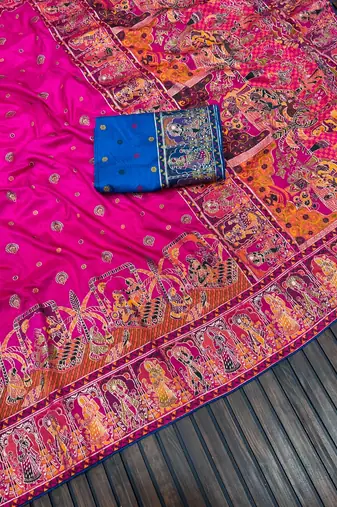 Rani Pink Color Kashmiri Thread Woven Work Pashmina Silk Blend  Saree